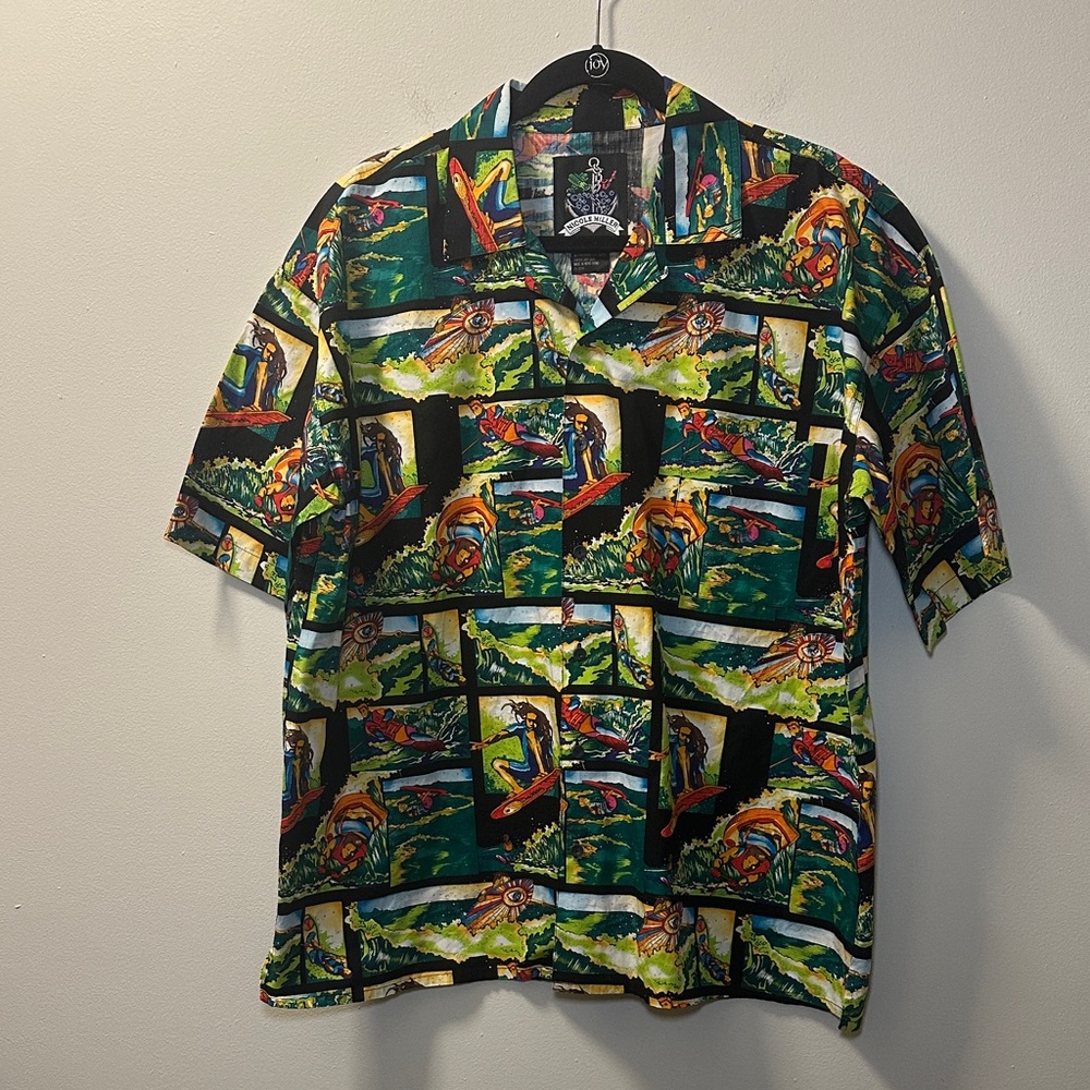 Nicole Miller Men’s Vintage Water Surfing Short Sleeve Button Shirt Sz L